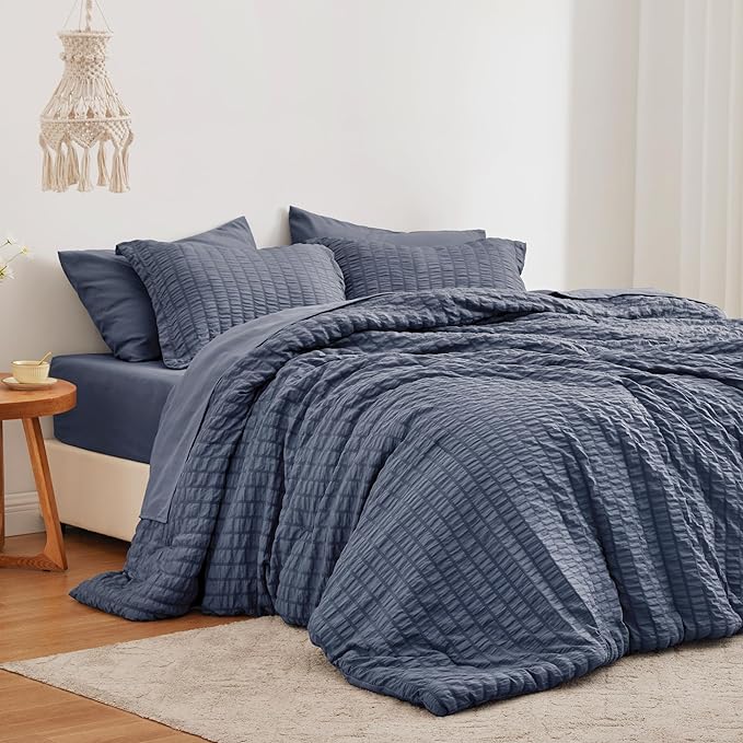 Love's cabin Seersucker Navy Blue Queen Comforter Set, 7-Piece All Season Lightweight Bed in a Bag Bedding Set with Comforter, Flat Sheet, Fitted Sheet, Pillowcases and Shams | Soft, Breathable, Lightweight