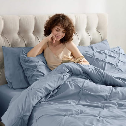 Nestl Full Size Comforter Set - 7 Piece Pinch Pleated Bedding With Sheets, Pillowcases, and Shams - All Season Bed in a Bag, Stone Blue