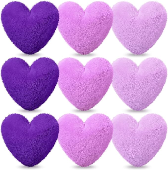 9 Pcs Purple Series Heart Pillow Faux Rabbit Fur Fluffy Love Heart Throw Pillows Cute Decorative Soft Throw Cushion Gift for Women Couch Bed Sofa Chair Home 11 in