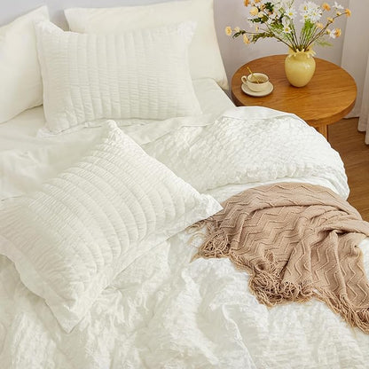 Love's cabin Seersucker Ivory Queen Comforter Set, 7-Piece All Season Lightweight Bed in a Bag Bedding Set with Comforter, Flat Sheet, Fitted Sheet, Pillowcases and Shams | Soft, Breathable, Lightweight