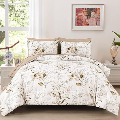 WONGS BEDDING Brown Comforter Set King Size, 7 Pieces Botanical Bed in a Bag Golden Leaves Bedding Set Soft Microfiber King (1 Comforter,2 Pillowcase,2 Pillow Shams,1 Flat Sheet,1 Fitted Sheet)