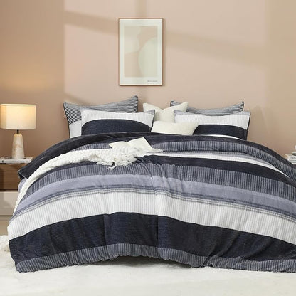 Litanika Fluffy Fleece Twin Comforter Set, Luxury Soft Plush Fuzzy Dark Grey Stripe Bedding Comforter Sets, Warm Shaggy Faux Fur Bed Set All Season (1 Comforter, 1 Pillowcase)