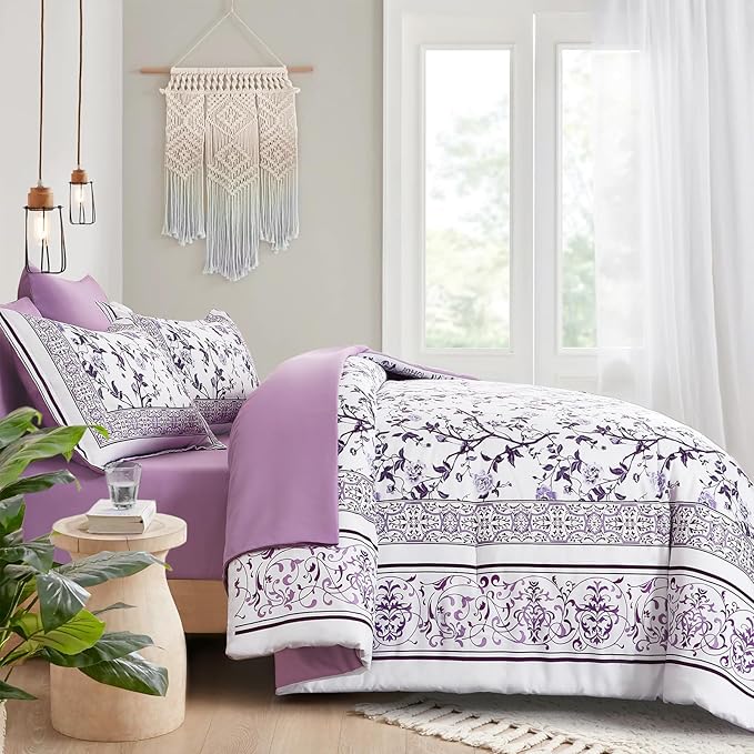 Dobuyly Purple Comforter Set Queen Size, 7 Piece Bed in a Bag Queen Floral Botanical Bedding Set, Soft Microfiber Bedding Comforter Sets with Sheets for All Season