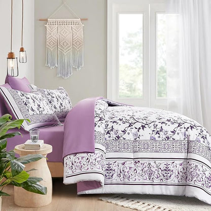 Dobuyly Purple Comforter Set Queen Size, 7 Piece Bed in a Bag Queen Floral Botanical Bedding Set, Soft Microfiber Bedding Comforter Sets with Sheets for All Season