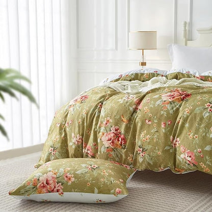 mixinni Floral Comforter Set Full Size Green, 3 Pieces Garden Style Botanical Flowers Leaves Comforter Set, Soft Fluffy Reversible Farmhouse Boho Comforter and 2 Pillowcases for All Season