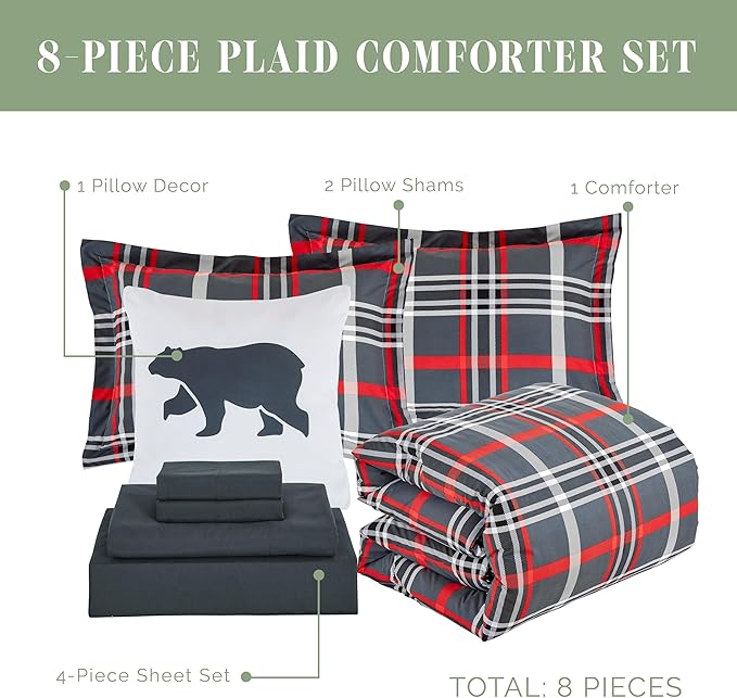 Elegant Comfort 8-Piece Lodge Plaid Reversible Comforter Set - All Season Bed in a Bag, 4-Piece Sheet Set Featuring Smart Pockets, Matching Shams and Decorative Pillow, Twin/Twin XL, Gray