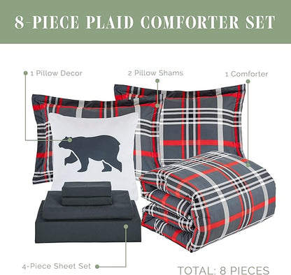 Elegant Comfort 8-Piece Lodge Plaid Reversible Comforter Set - All Season Bed in a Bag, 4-Piece Sheet Set Featuring Smart Pockets, Matching Shams and Decorative Pillow, Twin/Twin XL, Gray