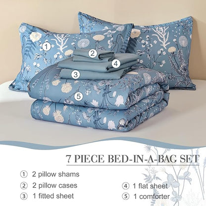 Yiran Blue Comforter Set Queen Size, 7 Piece Floral Comforter Bedding Set, Botanical Farmhouse Bed in a Bag, Soft Microfiber Complete Bedding Set with Sheets for All Season