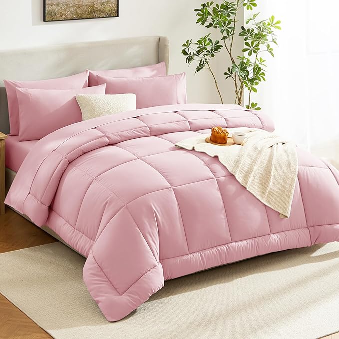 CozyLux Full Size Comforter Set Pink, 7 Pieces Bed in a Bag, Pink Comforter Full Size, All Season Bedding Sets with Stitch Quilted Comforter, Flat Sheet, Fitted Sheet, Pillowcases