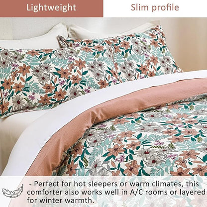 Elegant Blush Floral Cotton Comforter King Size - 3PC Lightweight Bedding Sets with Ultra-Soft Alternative Fill, Cozy Tropical Bloom Reversible Design (1 Comforter, 2 Pillowshams)