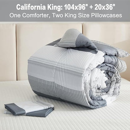 Litanika Light Grey California King Comforter Set, 3 Pieces Cal King Lightweight Gray White Colorblock Stripe Bedding Comforter Sets, Fluffy Bed Set