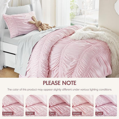 Intelligent Design Twin Comforter Set Ruched Shabby Chic Comforters for Twin Size Bed, All Season Lightweight Comforter Twin, French Country Bedding Set, Sham, Ella, Twin/Twin XL Pink, 2 Piece