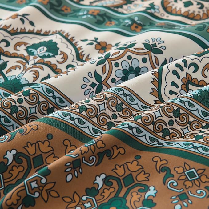 Cottolester Boho Comforter Set King Size,8 Pieces Brown and Green Bohemian Striped Bed in a Bag,Paisley Soft Microfiber Bedding Comforter Set