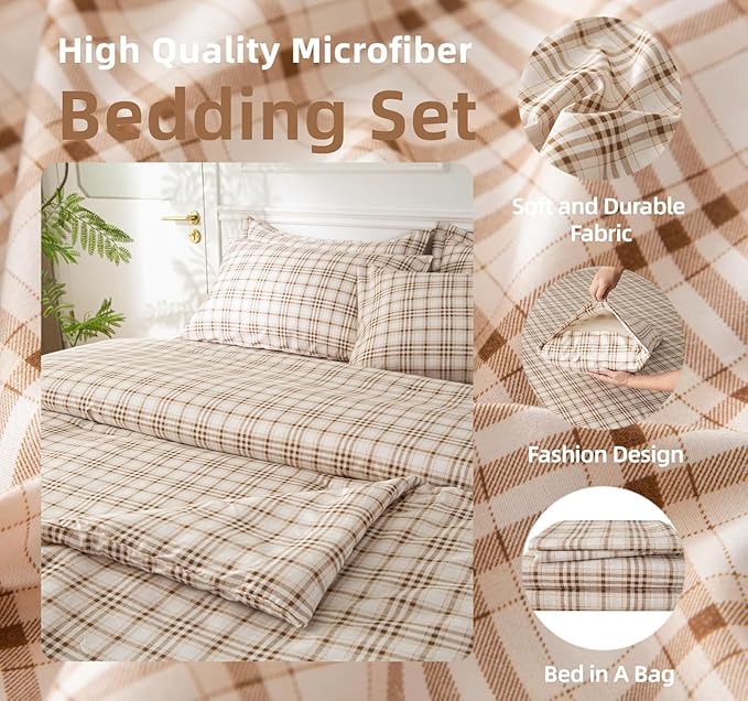 SDY 7PCS Brown Plaid Bedding Set Twin Size, Super Soft Microfiber Gingham Comforter and Sheet Set with 1*Comforter,1* Flat Sheet, 1*Fitted Sheet,2*Pillowcases and 2*PillowcaseShams