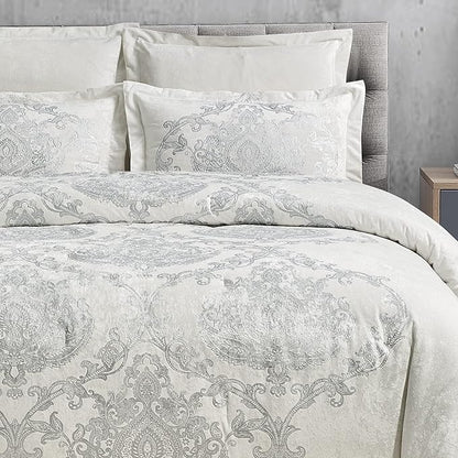 Sunshine Nicole Metallic Print Comforter Set, Distressed Velvet Face with Metallic Print and Brushed Solid Microfiber Reverse, with Light Weight Soft Poly Fill, 5 Pieces Light Ivory Silver, King