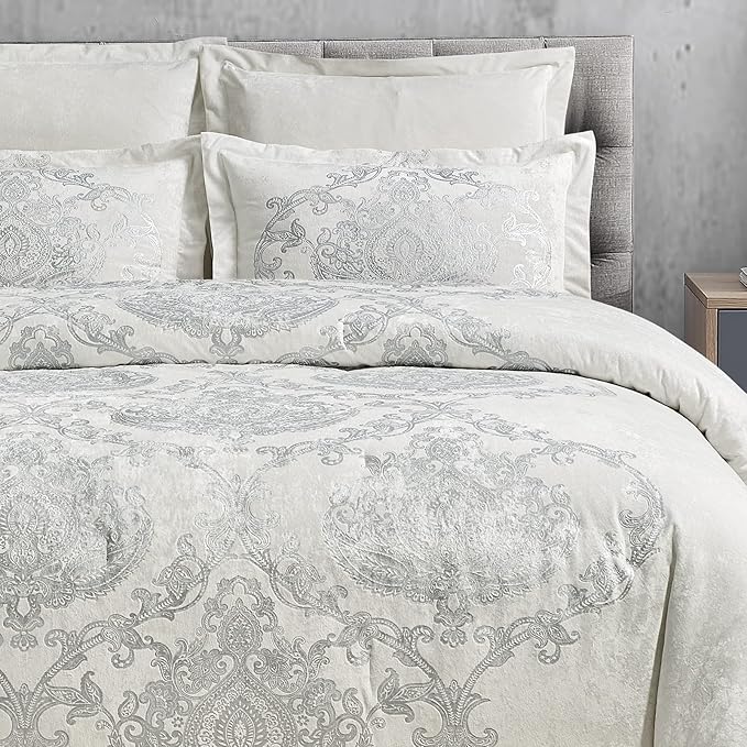 Sunshine Nicole Metallic Print Comforter Set, Distressed Velvet Face with Metallic Print and Brushed Solid Microfiber Reverse, with Light Weight Soft Poly Fill, 5 Pieces Light Ivory Silver, Queen