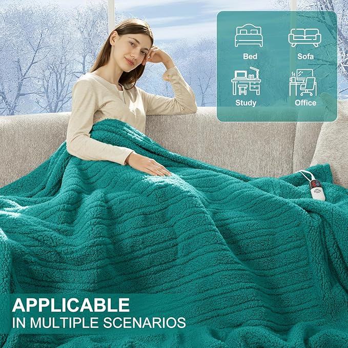 Electric Blanket Full Size 72"X84" Green - Soft Double Sided Sherpa Heated Blanket Full Size with LED Display, 6 Heating Levels & 10 hrs Timer, Machine Washable & Fast Heating for Women