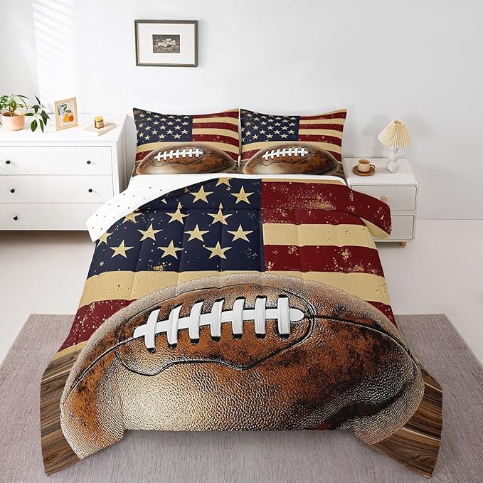 Feelyou Rugby Comforter Set Twin Size Football Comforter for Boys Girls Teens Rugby Sports Bedding Set Gift for Football Lover Duvet Set Room Decor Brown Quilt Set