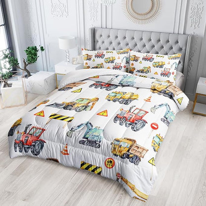 Cartoon Excavator Comforter Set, King Size, Kids Bedding Set, Construction & Automobiles Theme, All Season Comforter & 2 Pillowcases