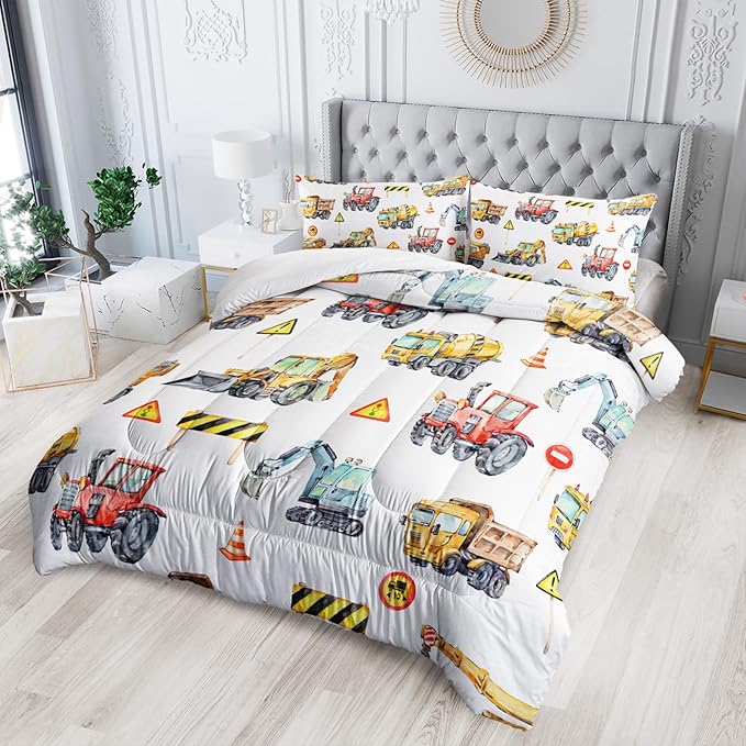 Cartoon Excavator Comforter Set, Twin Size, Kids Bedding Set, Construction & Automobiles Theme, All Season Comforter & 2 Pillowcases