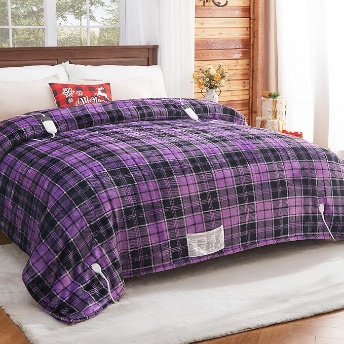 Heated Electric Blanket Queen Size, 84X90 Heating Blanket Queen with Dual Control&10 Heats Levels&Timer for Bed,Purple Plaid Sherpa Soft Blankets Warmer Gift for Grandma Women Adults, Washable
