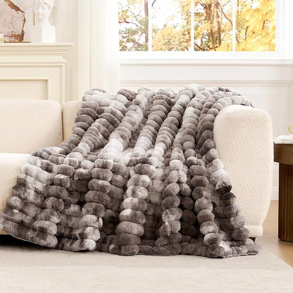 Cozy Bliss Faux Fur Throw Blanket for Couch, Cozy Warm Plush Striped Blanket for Sofa Bedroom Living Room, 50 * 60 Inches Tie-dye Grey
