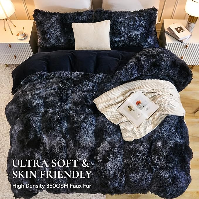 Andency Faux Fur Tie-Dyed Black Blue Comforter Set Full Size, 3 Pieces Fluffy Fuzzy Plush Bedding Comforter Set (1 Shaggy Velvet Comforter & 2 Pillowcases), Soft Puffy Down Comforter Bedding Set