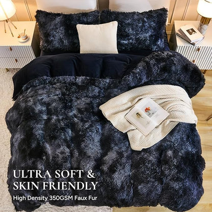 Andency Faux Fur Tie-Dyed Black Blue Comforter King Size, 3 Pieces Fluffy Fuzzy Plush Bedding Comforter Set (1 Shaggy Velvet Comforter & 2 Pillowcases), Soft Puffy Comfy Down Comforter Bedding Set