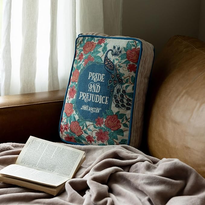 Steel Mill & Co. Book Shaped Throw Pillow, 14.5" x 10" Decorative Literary Pillow with Embroidered Cover, Printed Page Edges and Piping Detail for Mother's Day Gifting (Pride and Prejudice)