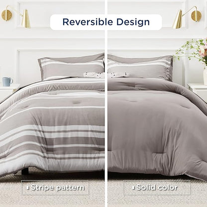 Bedsure Queen Comforter Set 7 Pieces, Taupe Striped Bedding Set for All Seasons, Reversible, Cationic Dyeing Bed in a Bag with Comforter, Sheets, Pillowcases & Shams