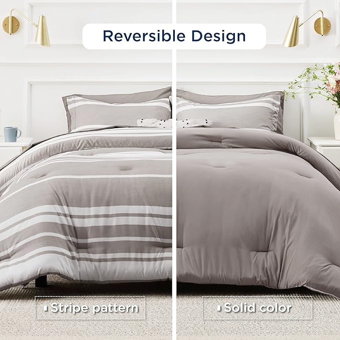 Bedsure Full Comforter Set 7 Pieces, Taupe Striped Bedding Set for All Seasons, Reversible, Cationic Dyeing Bed in a Bag with Comforter, Sheets, Pillowcases & Shams