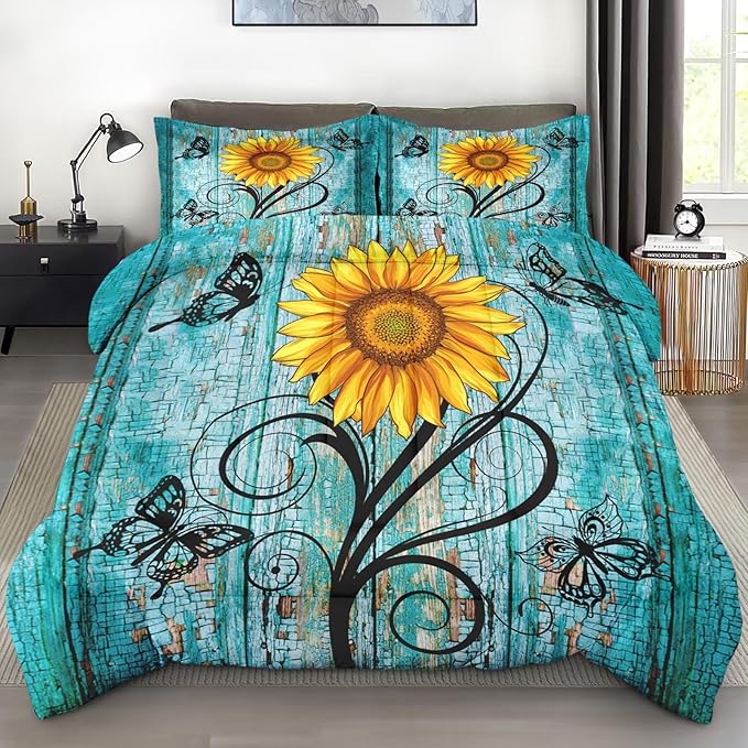 Comforter Set Twin Size, Rustic Yellow Sunflower 2 Pcs Soft Bedding Set for Kids and Adults, Teal Wood Wooden Floral Comforter Set with Pillowcase, for Bedroom Bed Decor