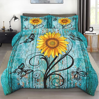 Comforter Set Twin Size, Rustic Yellow Sunflower 2 Pcs Soft Bedding Set for Kids and Adults, Teal Wood Wooden Floral Comforter Set with Pillowcase, for Bedroom Bed Decor