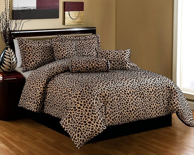 Grand Linen 7 Piece Queen Size Bedding Black Brown Comforter Set Leopard Print Bed in A Bag