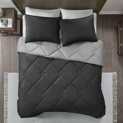 Comfort Spaces Vixie Reversible Comforter Set - Trendy Casual Geometric Quilted Cover, All Season Down Alternative Cozy Bedding, Matching Sham, Black/Gray, King 3 piece