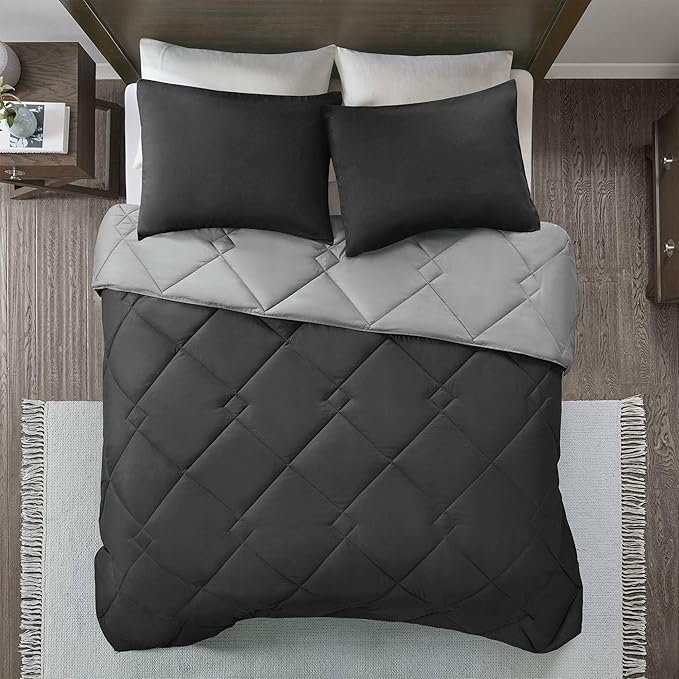 Comfort Spaces Vixie Reversible Comforter Set - Trendy Casual Geometric Quilted Cover, All Season Down Alternative Cozy Bedding, Matching Sham, Black/Gray, Twin/Twin XL 2 piece