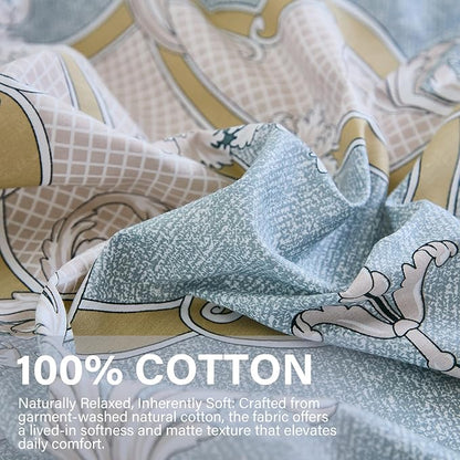 100% Natural Cotton Comforter Set King 3 Pcs Grayish Blue Bedding Sets with Luxurious Damask Pattern, Reversible Breathable Soft Comforter Sets for All Season