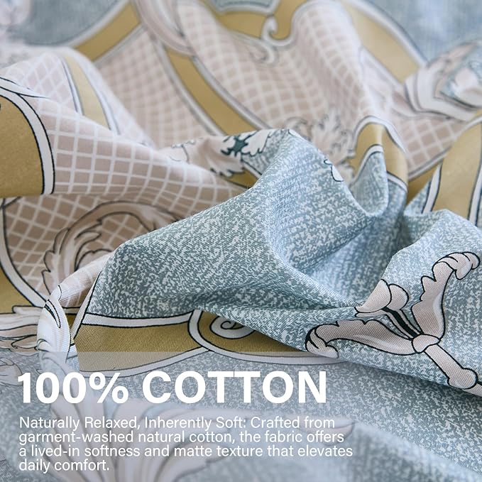 100% Natural Cotton Comforter Set Queen 3 Pcs Grayish Blue Bedding Sets with Luxurious Damask Pattern, Reversible Breathable Soft Comforter Sets for All Season
