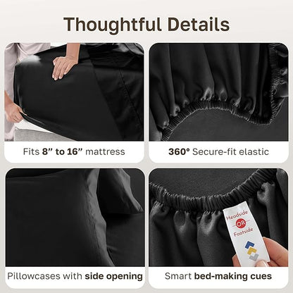 California Design Den Full Sheet Set - Luxury 600 Thread Count Sateen, Natural 100% Cotton Bed Sheets, Fully Elasticized Deep Pockets, Crisp, Cool and Durable Hotel Quality Bedding - Black
