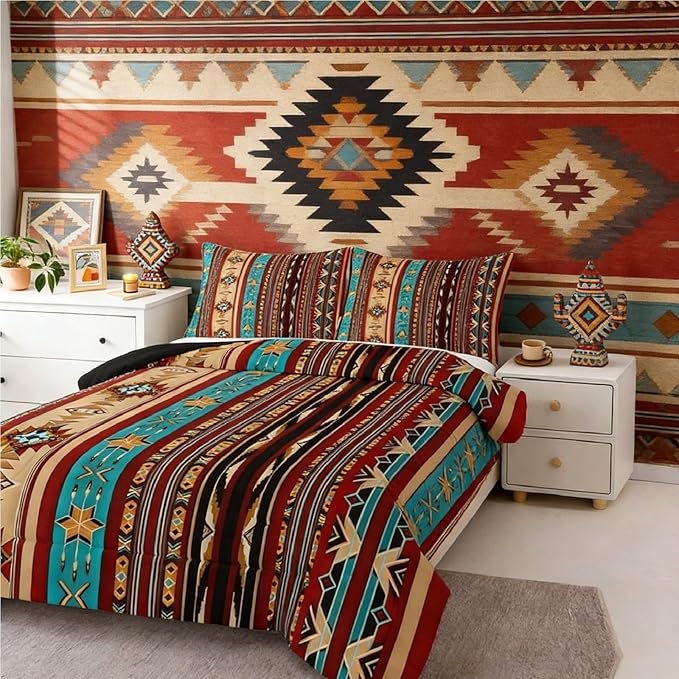 Erosebridal Aztec Bedding Set King Geometric Comforter Set,Retro Vintage Indian Tribe Geometric Quilt Exotic Nordic Western Duvet Insert,Southwestern Native Bohemian Decor,Messy Red Brown Blue