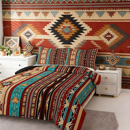 Erosebridal Aztec Bedding Set King Geometric Comforter Set,Retro Vintage Indian Tribe Geometric Quilt Exotic Nordic Western Duvet Insert,Southwestern Native Bohemian Decor,Messy Red Brown Blue