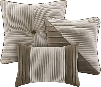 Madison Park Cozy Comforter Set Casual Blocks Design All Season, Matching Bed Skirt, Decorative Pillows, King(104"x92"), Dallas Corduroy, Taupe Brown, 7 Piece