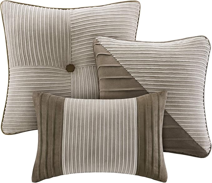 Madison Park Cozy Comforter Set Casual Blocks Design All Season, Matching Bed Skirt, Decorative Pillows, Cal King(104"x92"), Dallas Corduroy, Taupe Brown, 7 Piece
