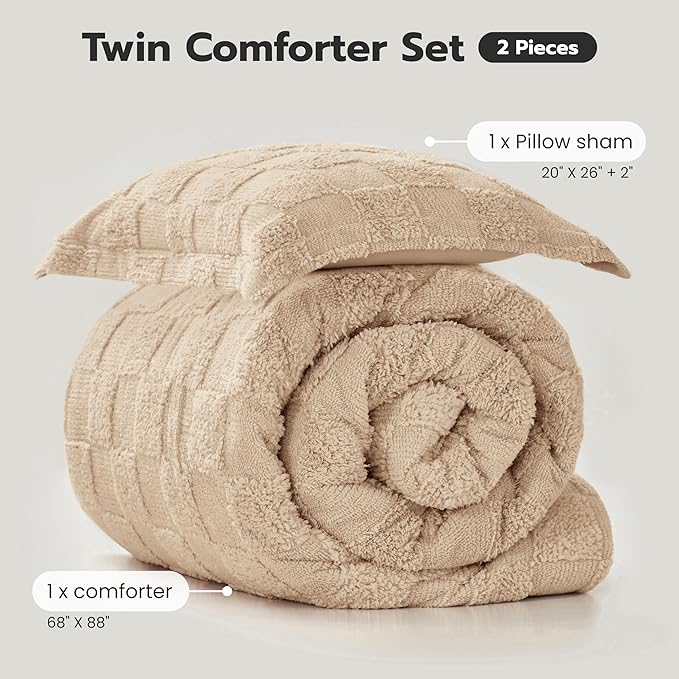 Joiedomi Tufted Twin Comforter Set, 2 Pieces Brown Boho Twin Bedding Set with 1 Plaid Geometric Comforter and 1 Pillow Sham, Checkered Bed in a Bag for All Seasons