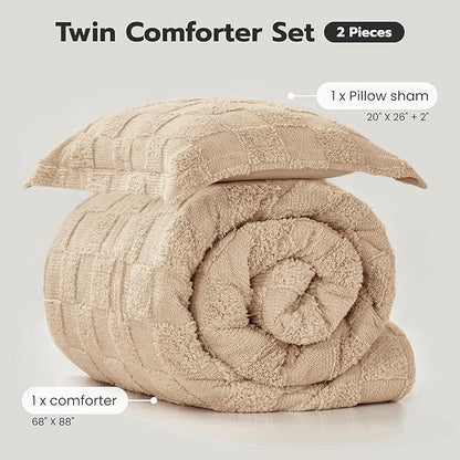 Joiedomi Tufted Twin Comforter Set, 2 Pieces Brown Boho Twin Bedding Set with 1 Plaid Geometric Comforter and 1 Pillow Sham, Checkered Bed in a Bag for All Seasons