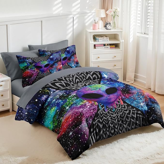 Nesker 7 Pcs Comforter Set Full Size, Trippy Tie Dye Alien Abstract Bedding Set for Kids and Adults, Psychedelic Space Hippie Skull Bed Sheet Sets with Fitted Sheet 2 Pillowcases & 2 Shams