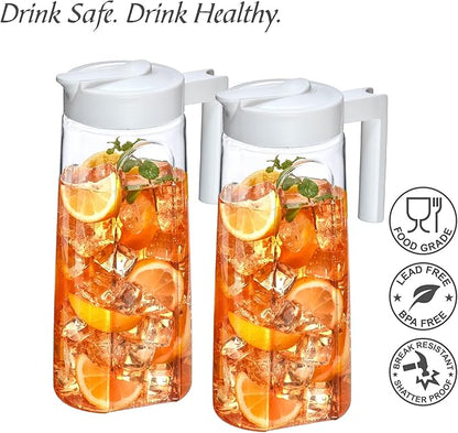 Amazing Abby - Slim - 2-Pack Tritan Pitcher (64 oz), Unbreakable Plastic Water Pitcher with Lid, BPA-Free, Heat-Resistant, Dishwasher-Safe, Great for Both Iced and Hot Drinks, White