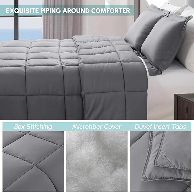Elegant Comfort 3-Piece Box Stitched Down Alternative Comforter with Shams - Ultra Soft for All Season Duvet Insert with Corner Tabs, Plush Cozy 3PC Comforter Set, Twin, Gray