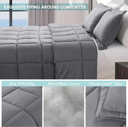 Elegant Comfort 3-Piece Box Stitched Down Alternative Comforter with Shams - Ultra Soft for All Season Duvet Insert with Corner Tabs, Plush Cozy 3PC Comforter Set, Oversize King, Gray
