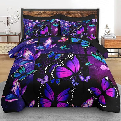 Comforter Set King Size, Summer Purple Butterfly 7 Pcs Bedding for Kids and Adults, Vintage Galaxy Space Bed Sheet Sets with Fitted Sheet 2 Pillowcases & 2 Shams for Bedroom Bed Decor
